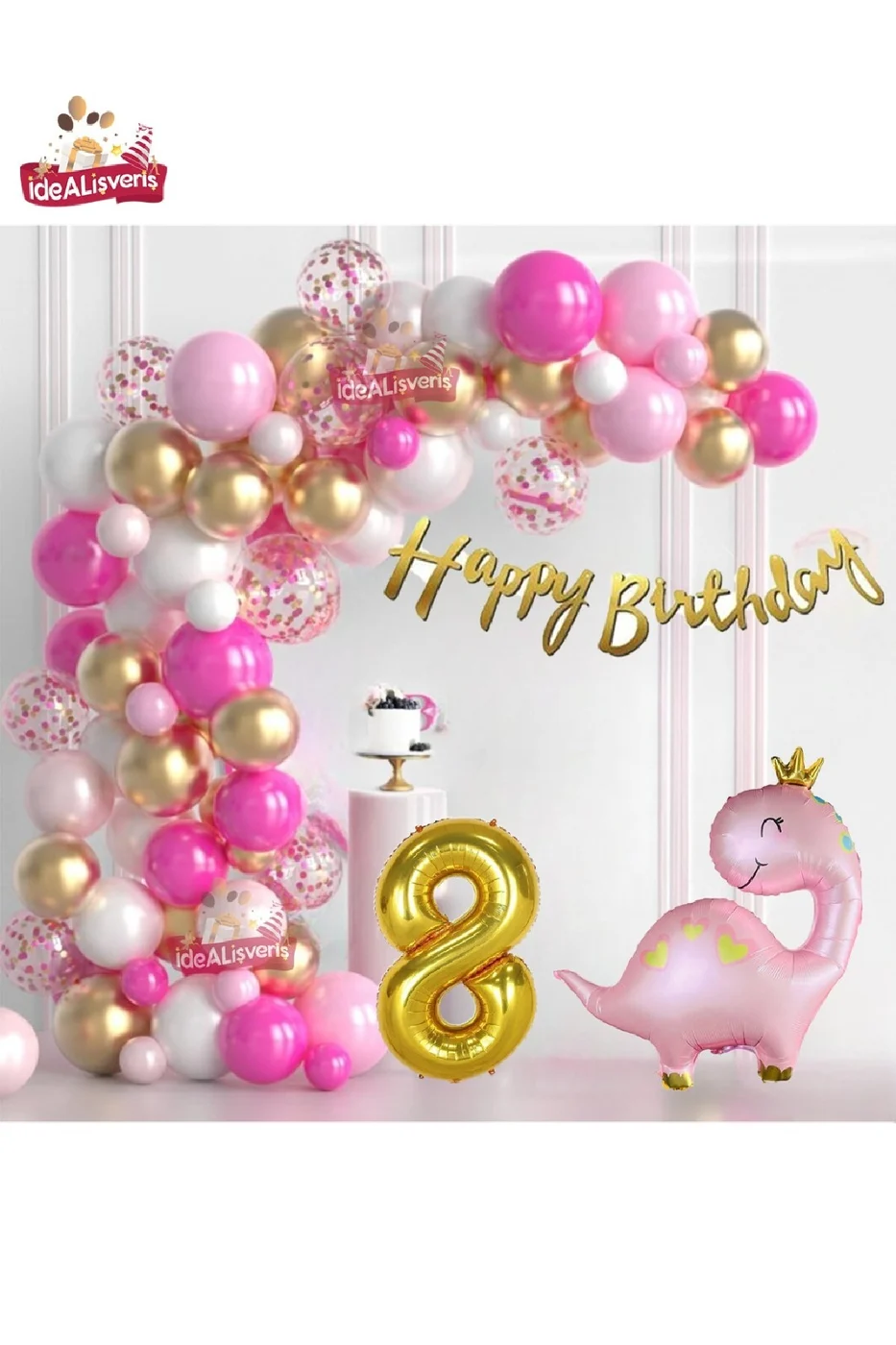 Lüks Pembe Dinozor  Yaş Folyo Balonlu Pembe Gold Beyaz Doğum Günü Parti Seti Süsü