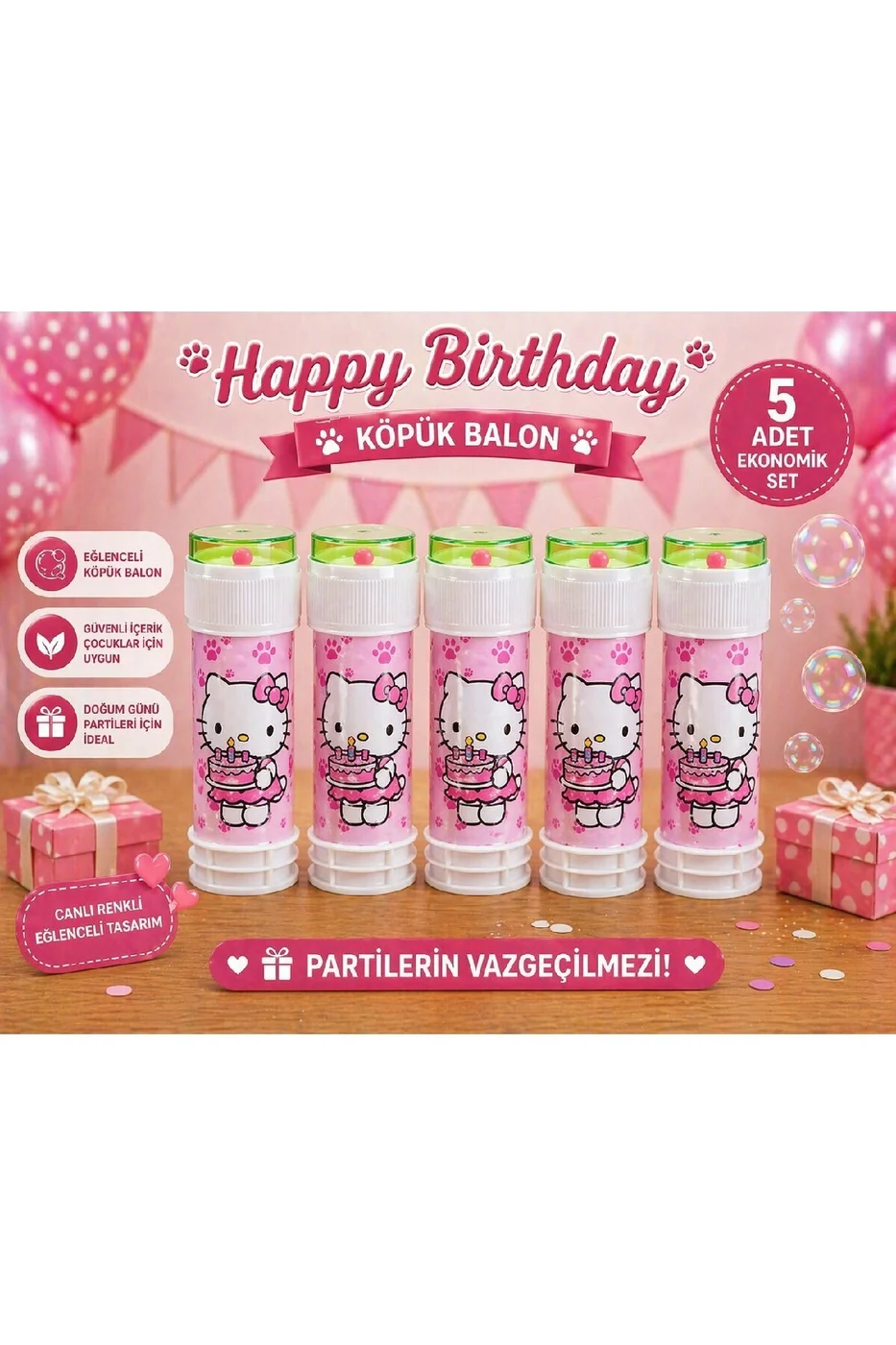 Happy Birthday Köpük Balon 10’lu Set Pembe Kedi Temalı Doğum Günü Parti Oyuncağı Çocuklar İçin Eğlenceli Köpük Baloncuk