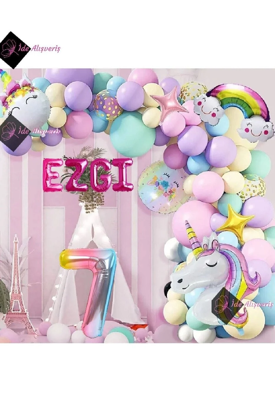7 Yaş Ve 4 Harfli Gökkuşağı Konsepti Unicorn Temalı Makaron Balon Doğum Günü Parti Kutlama Seti gorsel 4