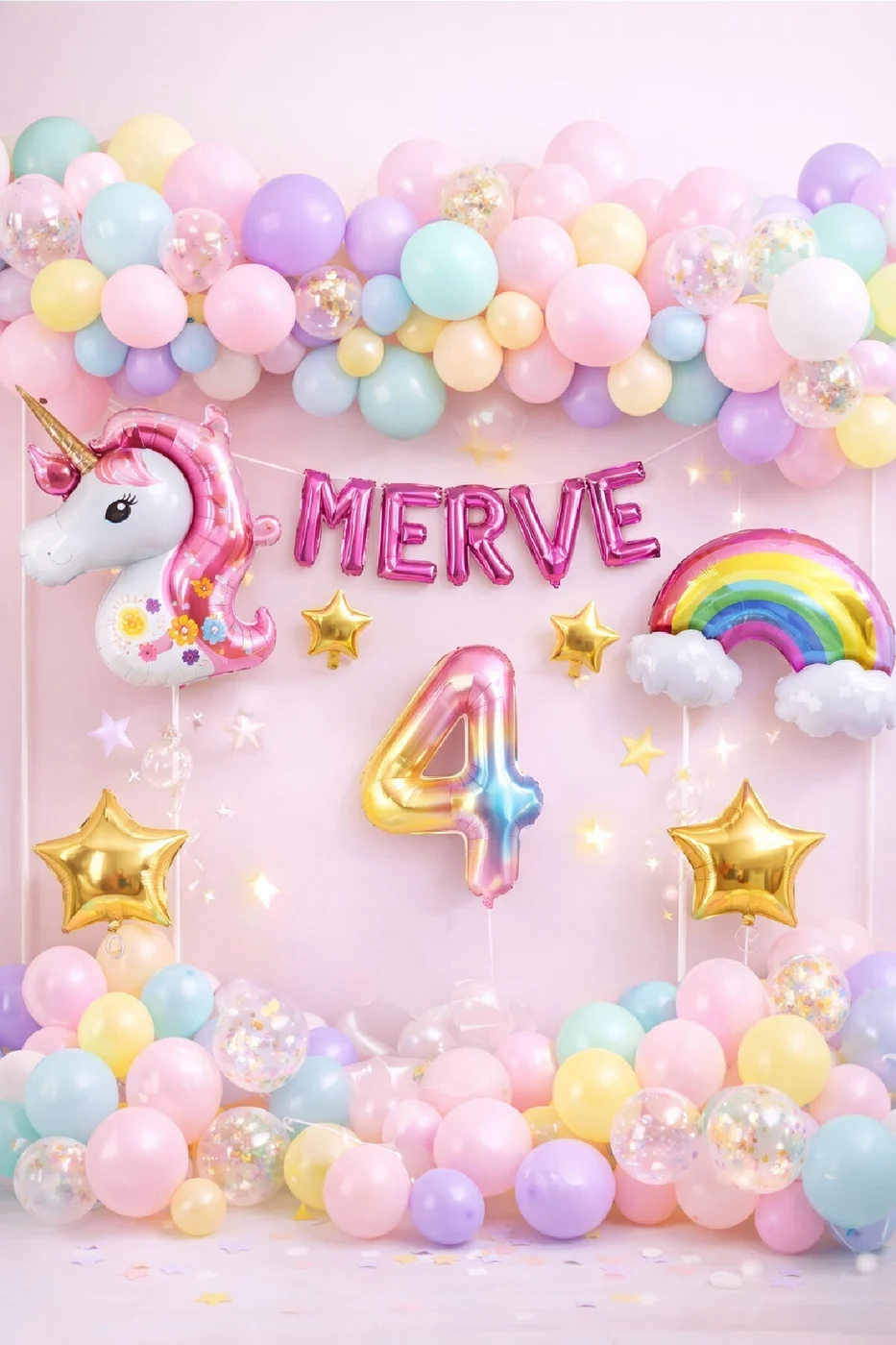 5 Harfli Kişiye Özel Unicorn Doğum Günü Süsü Pastel Balon Zinciri Gökkuşağı Unicorn Balon Parti Seti