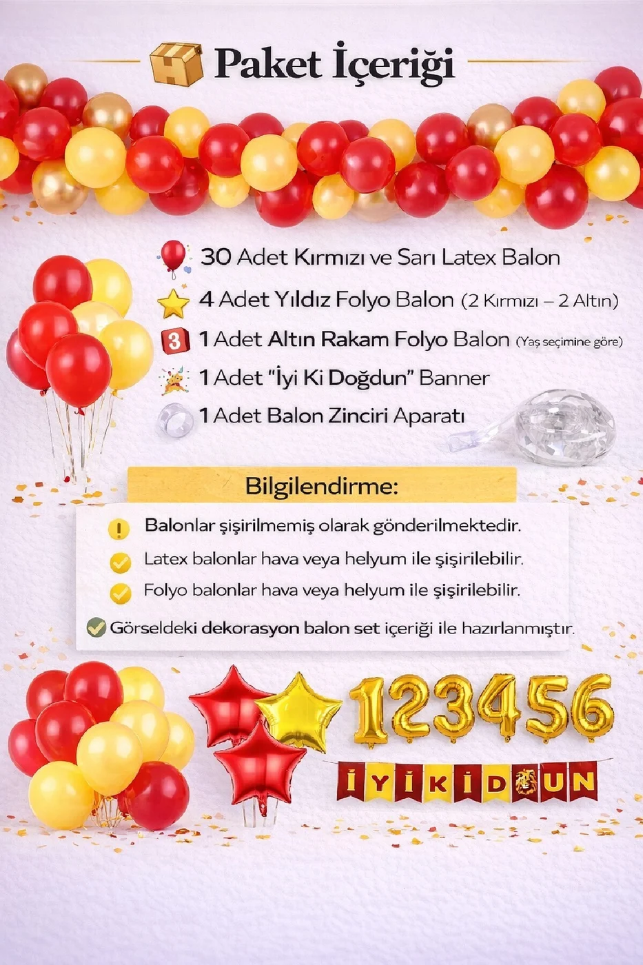 Sarı Kırmızı Bayrak Yıldız Yaş Balonlu İyiki Doğdun Doğum Günü Balon Süsleme Seti Parti Dekorasyonu gorsel 2
