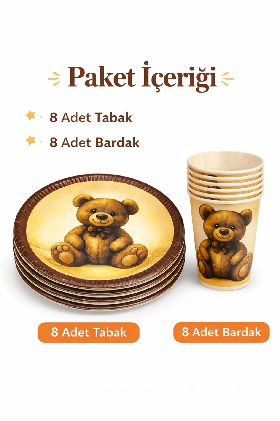 Vintage Ayıcık Doğum Günü Seti – 8’li Tabak & Bardak gorsel 5