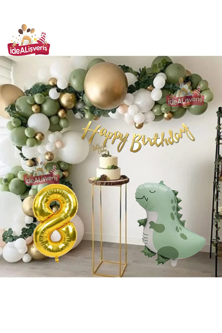 Retro Yeşil Dinazor Folyolu Küf Yeşili Gold Beyaz Balon Zinciri Seti Doğum Günü Parti Seti Süsü gorsel 8