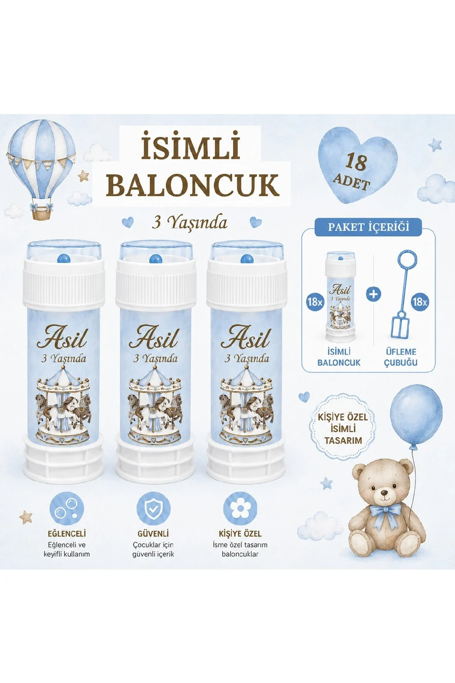 Kişiye Özel İsimli Köpük Baloncuk 18 Adet Erkek Doğum Günü Parti Hediyeliği Mavi Konsept gorsel 3