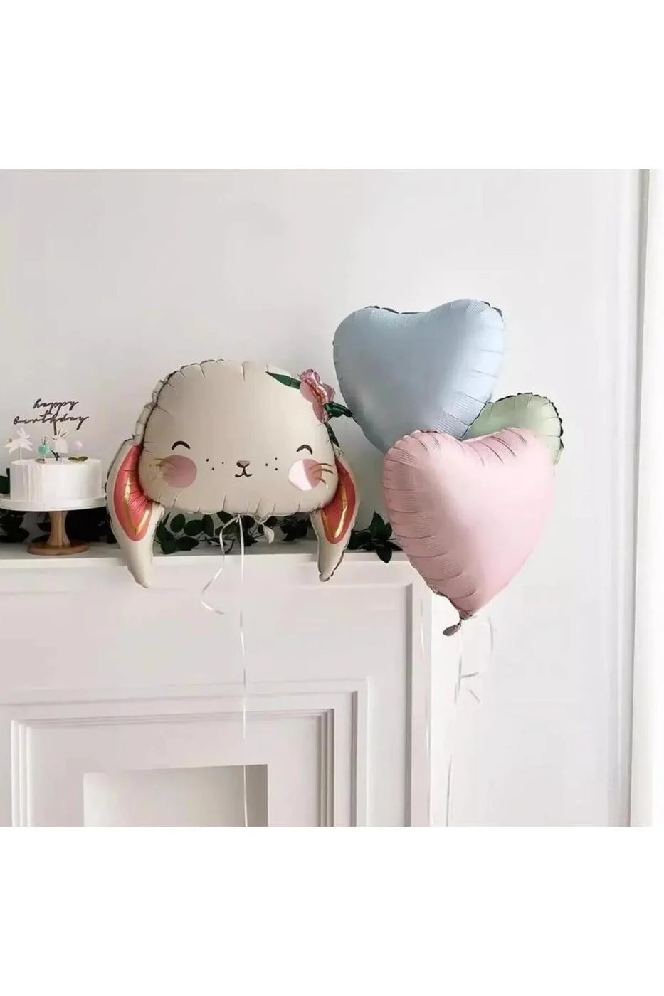 Sevimli Floral Tavşan - Kalp Balon Demeti Balon Seti 4 Parça