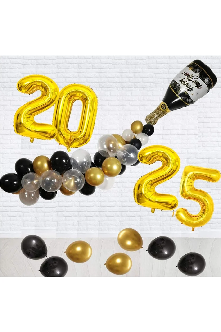 2025 Yılbaşı Partisi Malzemeleri 2025 Balonları,SiyahAltınveBeyaz Happy New Year Şişeli Yılbaşı Süsü gorsel 3