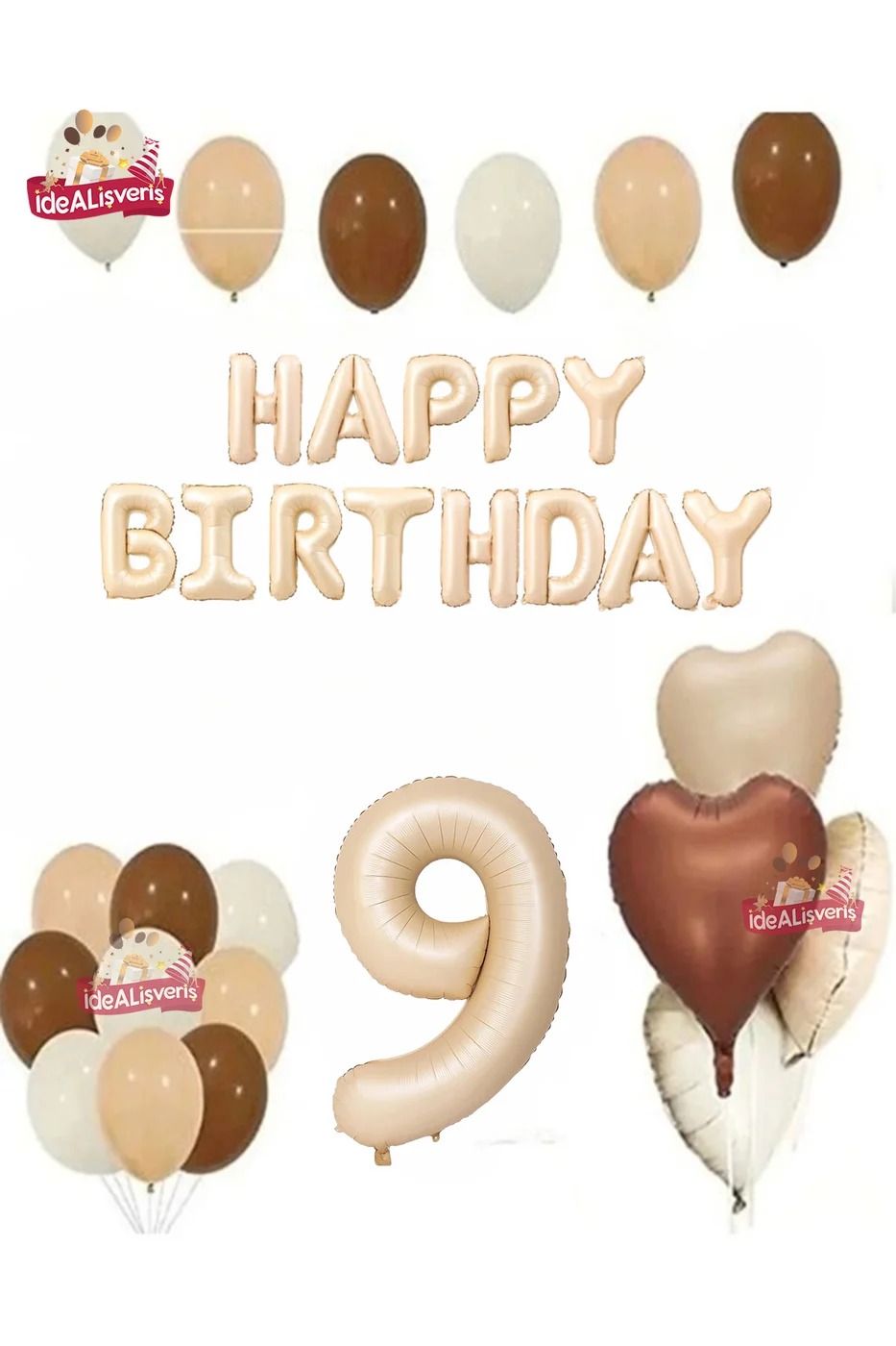 Happy Birthday 9 Yaş Bej Folyo Balon Kahverengi Beyaz Bej Doğum Günü Parti Seti