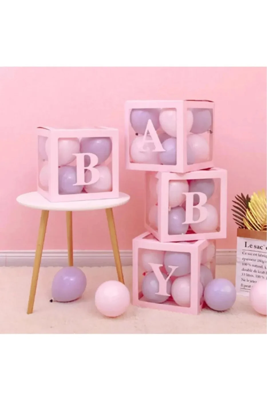 4 Kutu Baby Yazılı Şeffaf Kutu Harf Pembe 25 Cm Balon Hediyeli gorsel 3