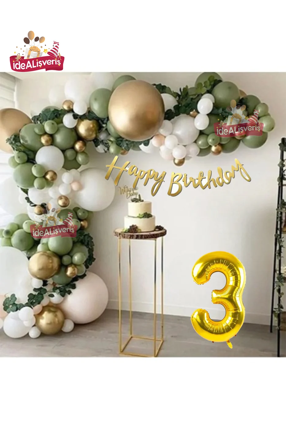 3 Yaş Happy Kaligrafi Yazılı Küf Yeşili Gold Beyaz Balon Zinciri Seti Doğum Günü Parti Seti Süsü