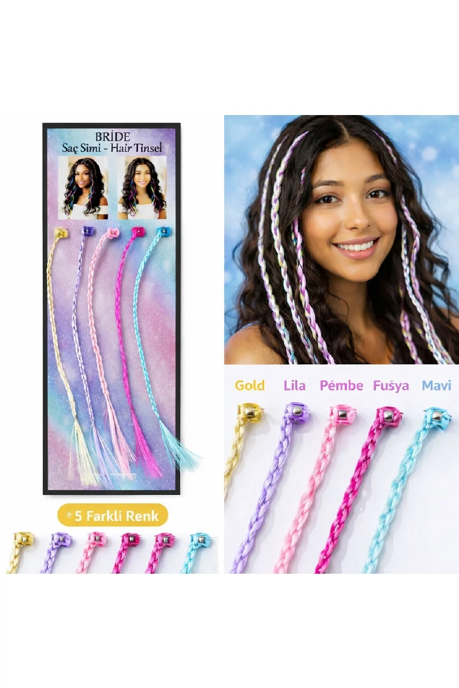 Hair Tinsel Saç Simi Seti (5’li) – Renkli Parlak Saç Aksesuarı gorsel 5