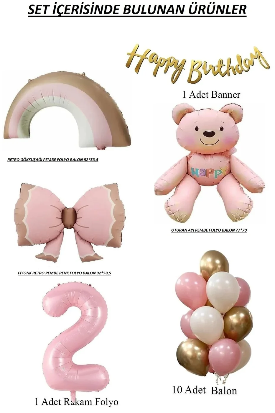 Pembe Ayıcık Yaş Balonlu Gökkuşağı Temalı Kız Bebek Konsept Doğum Günü Parti Seti Süsü gorsel 4