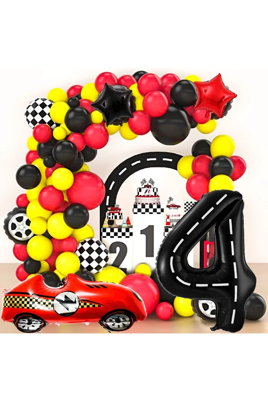 Büyük Retro Kırmızı Yarış Araba Yaş Folyolu 45 Balonlu Lüks Doğum Günü Parti Seti gorsel 5