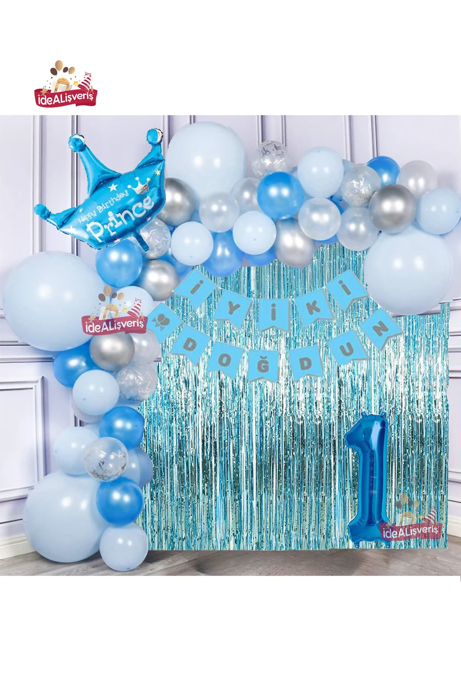 Mavi Gümüş Konseptli 1 Yaş Prens Taçlı Doğum Günü Balon Zincir Seti
