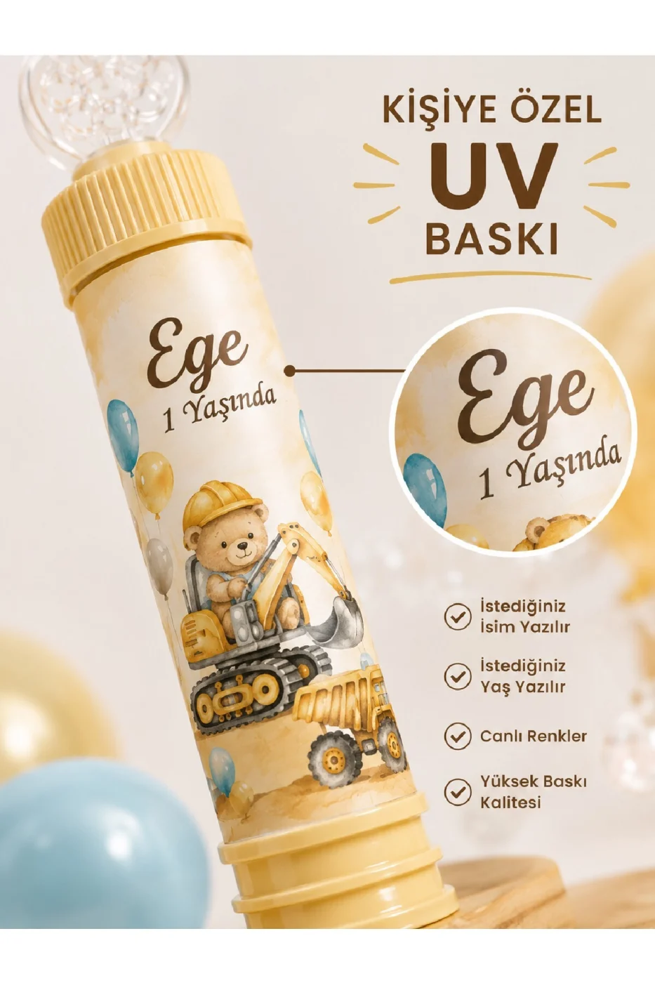 Kişiye Özel İsim Baskılı İnşaat Temalı Köpük Baloncuk Bubble Oyuncağı Çocuk Doğum Günü Parti Hediyeliği İş Makinesi Kepçe Konsepti 18'li 36'lı 54'lü Set gorsel 3