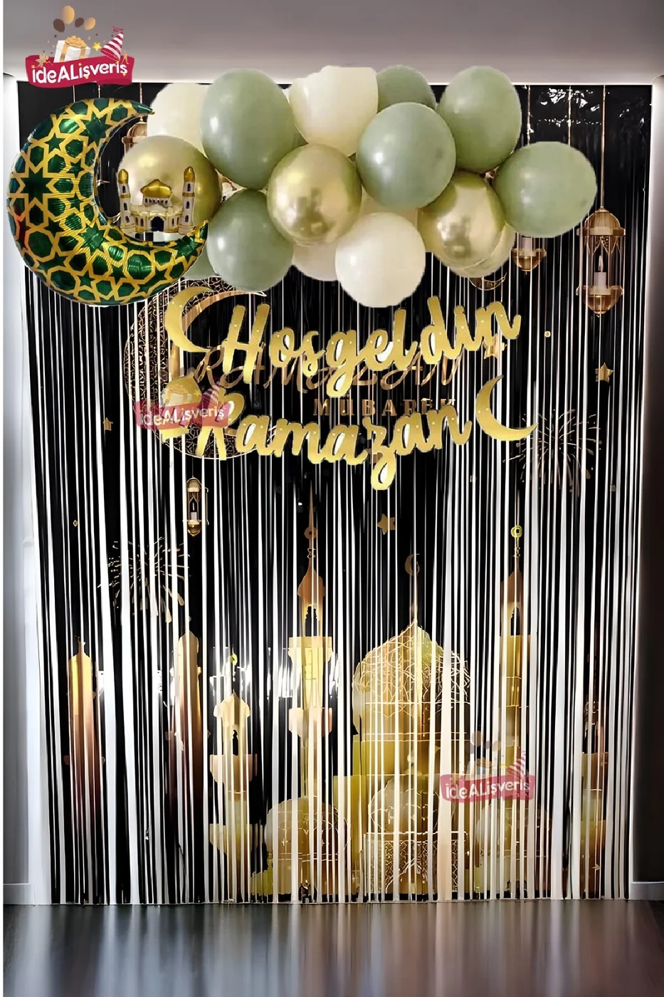 HOŞGELDİN RAMAZAN BASKILI ARKAFONU VE YAZILI YEŞİL FOLYO BALONLU KÜF GOLD BALON ZİNCİRLİ SET