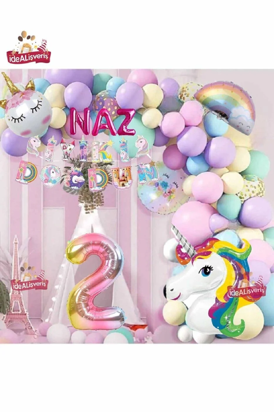 3 Harfli 2 Yaş Unicorn Temalı Iyi Ki Doğdun Makaron Balon Doğum Günü Parti Kutlama Seti Süsü