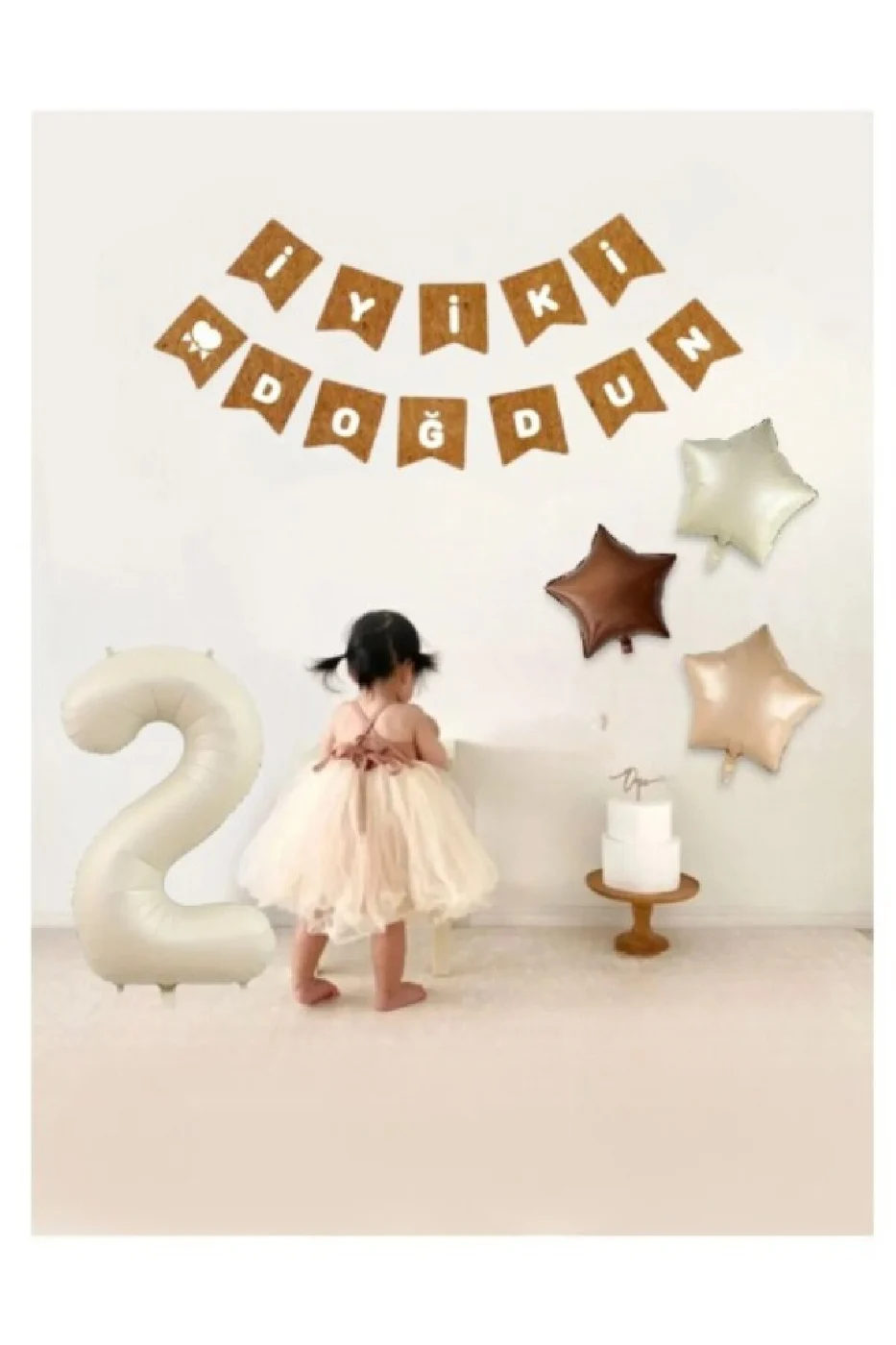 Krem Yaş Folyo Balon Retro Yıldız Folyolu Kraft İyiki Doğdun Yazı Banner Doğum Günü Parti Seti Süsü