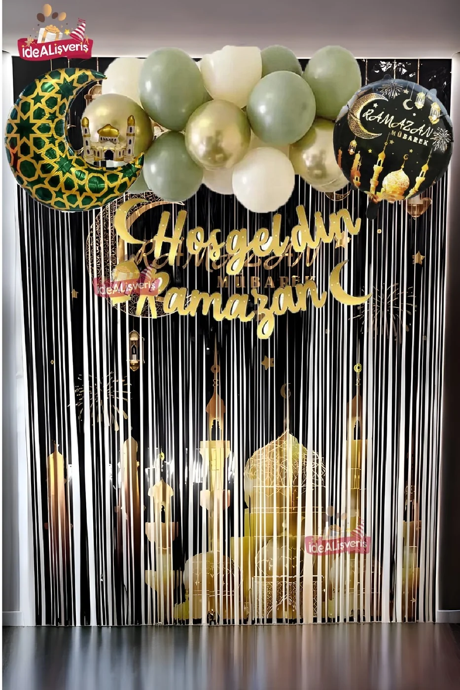 HOŞGELDİN RAMAZAN BASKILI ARKAFONU VE YAZILI FOLYO BALONLU LÜKS KÜF GOLD BALON ZİNCİRLİ SET gorsel 4