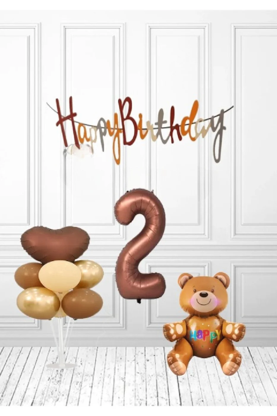 Kahve Happy Kalioğrafili Kahve Yaşlı Ayıcıklı Retro Renk Doğum Günü Balon Set Süsü gorsel 2