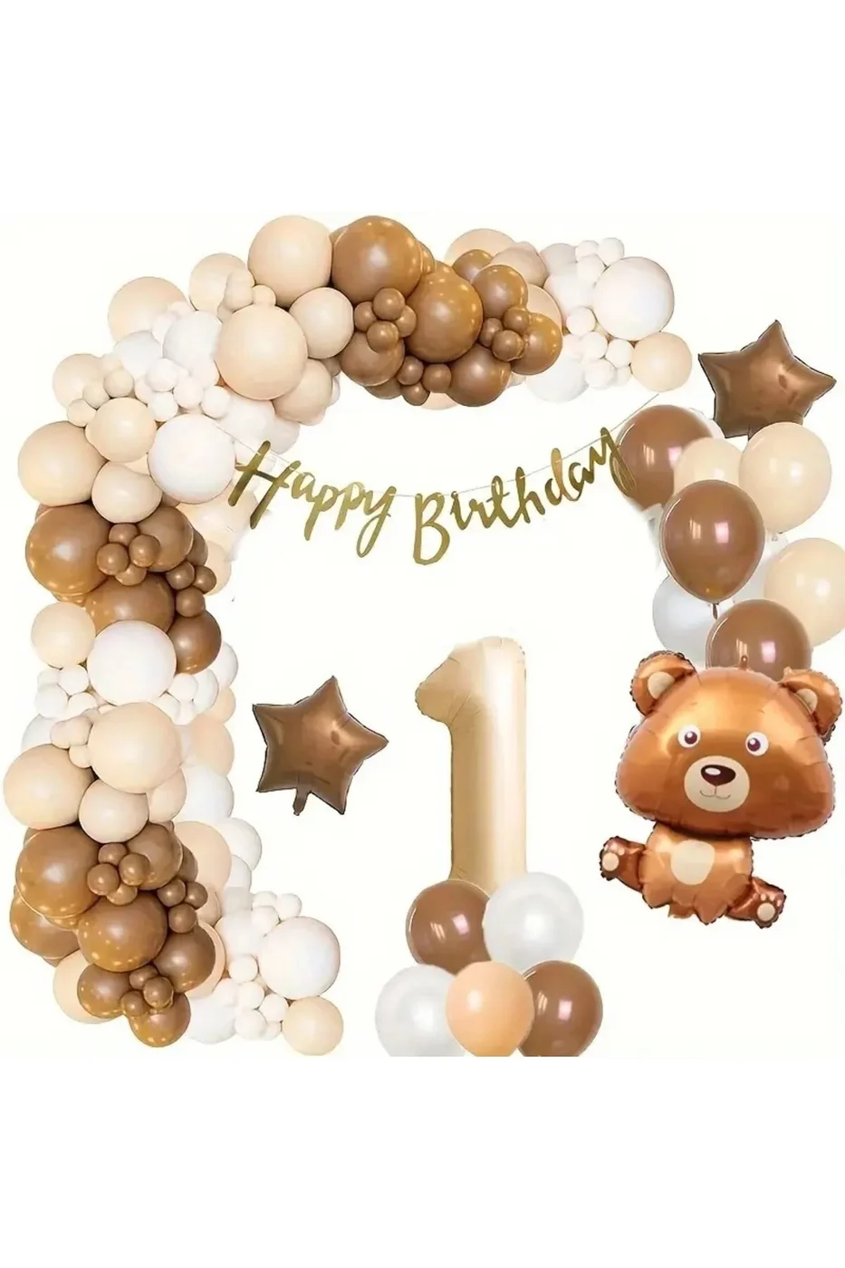 SEVİMLİ AYI TEMALI BEJ YAŞ FOLYO BALONLU LÜKS DOĞUM GÜNÜ PARTİ SETİ SÜSÜ gorsel 4