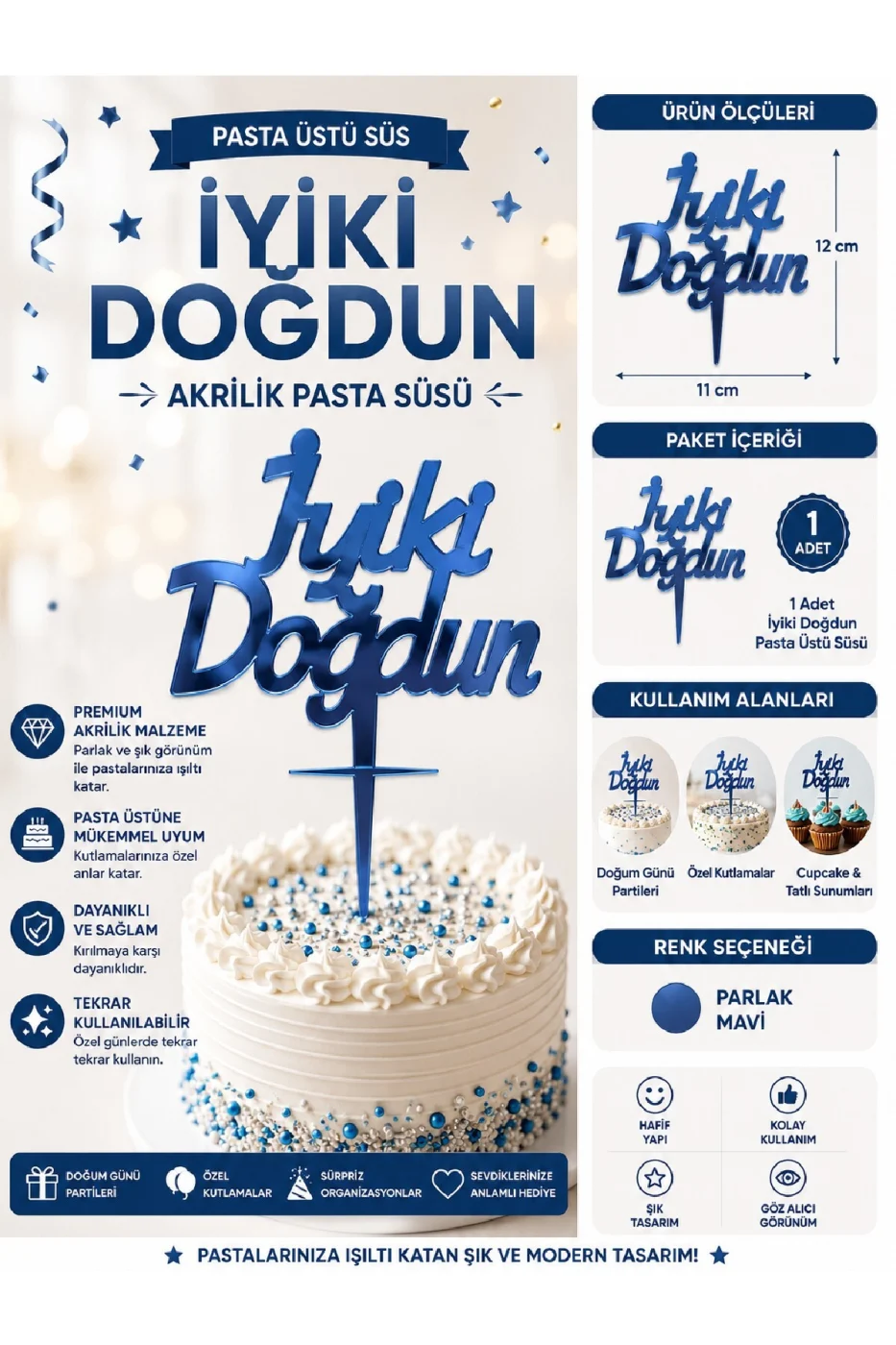 İyiki Doğdun ve Happy Birthday Pasta Üstü Süsü Yazısı Akrilik Parlak Doğum Günü Pasta Yazısı Topper 11x12 cm Doğum Günü Parti Pastası Dekoru gorsel 2