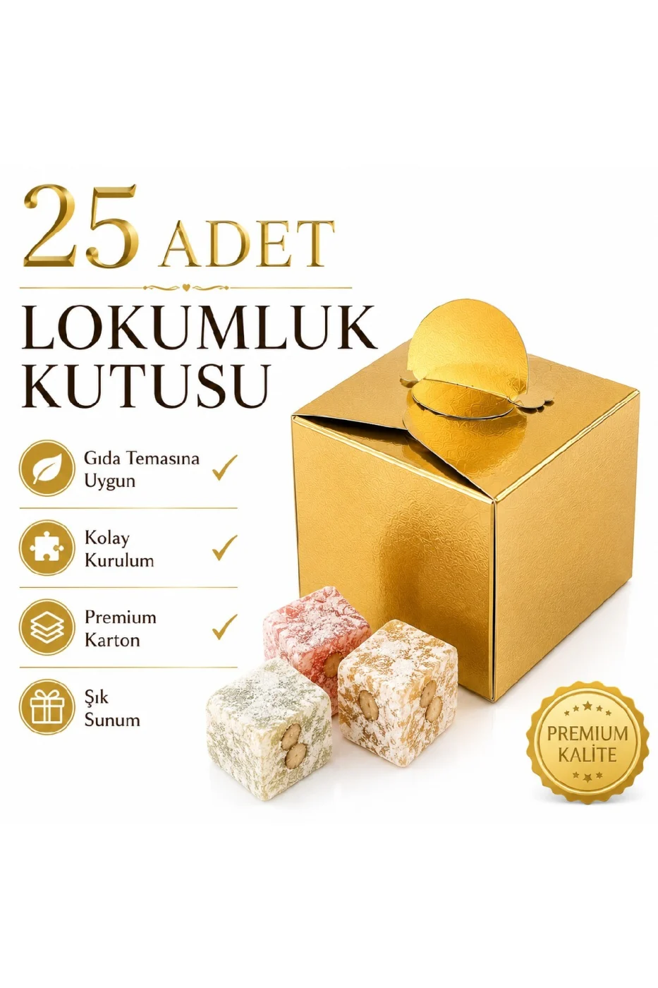 25 Adet Gold Gümüş Lokumluk Kutusu | Söz Nişan Düğün Mevlit Hediyelik Karton Lokum Kutusu | Premium Gold Gümüş