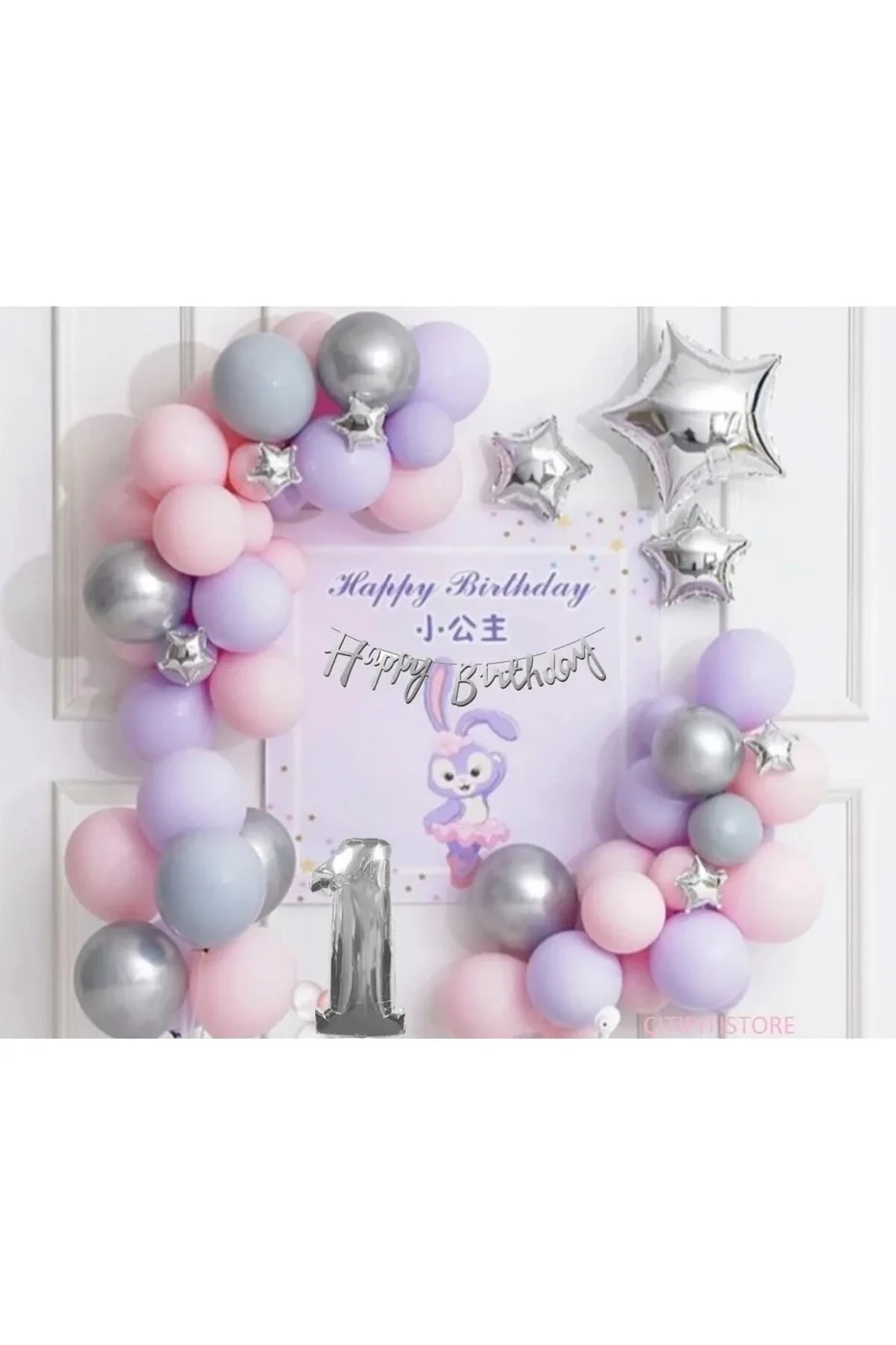 Gümüş  Lila Yaş Folyolu Lüks Balon Zincir Doğum Günü Parti Seti Süsü gorsel 3