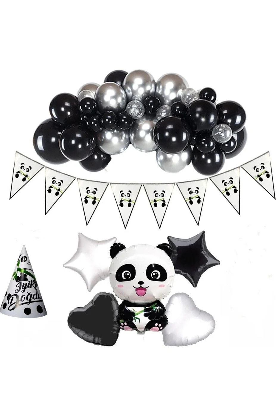 Panda Temalı Doğum Günü Seti 50 Adet Balonlu Ve 8 Li Şapkalı Doğum Günü Süsü gorsel 2