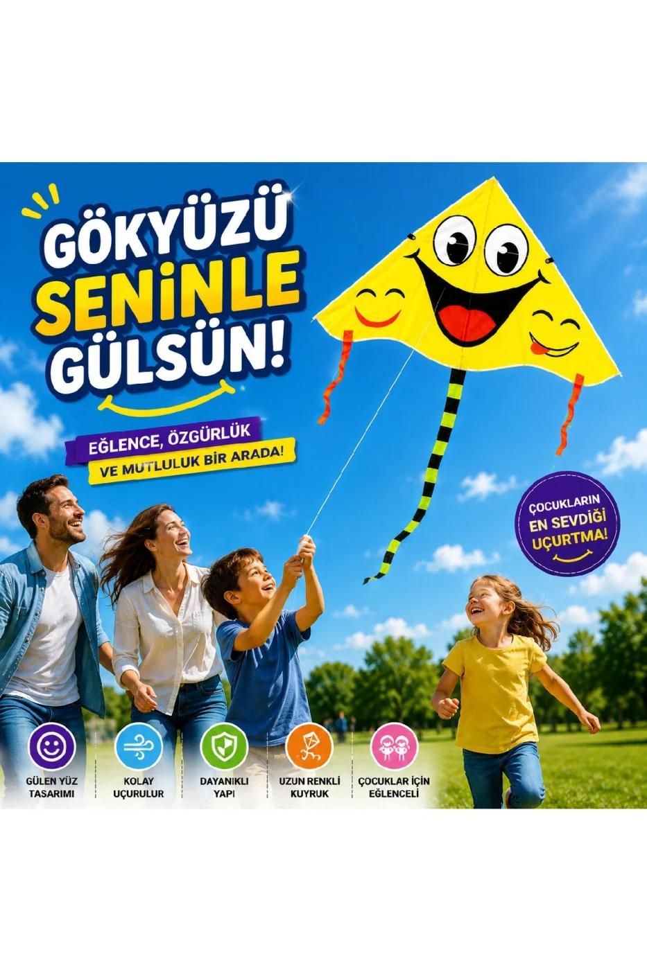 Gülen Yüz Uçurtma Çocuk Uçurtması | Kolay Uçan | Renkli Kuyruklu | İp Makaralı | Dayanıklı Açık Hava Oyuncağı gorsel 7