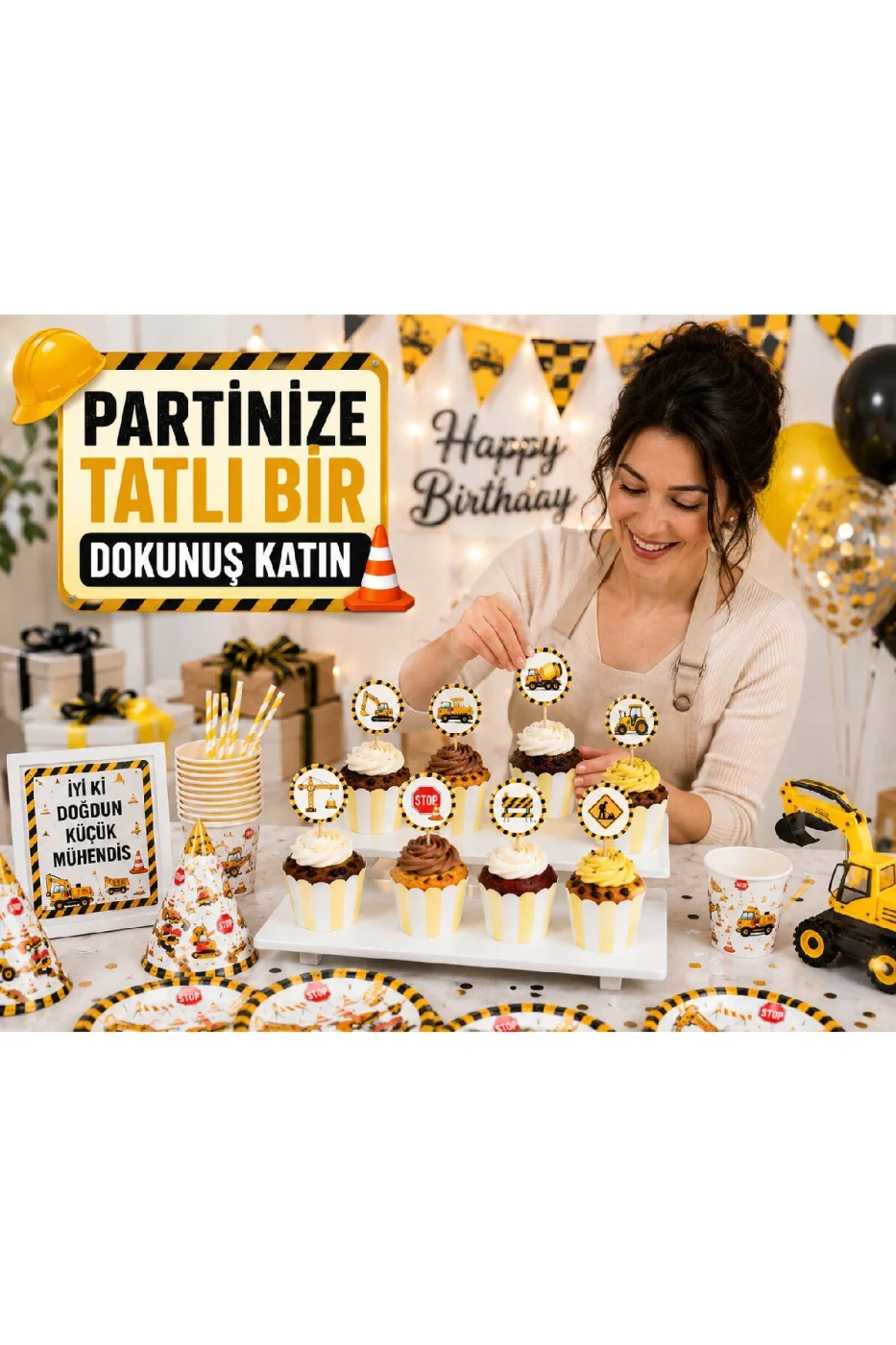 İnşaat Temalı Cupcake Seti 16 Parça – 8 Cupcake Kalıbı + 8 İş Makinesi Kürdan Süs Doğum Günü Parti Malzemesi gorsel 2