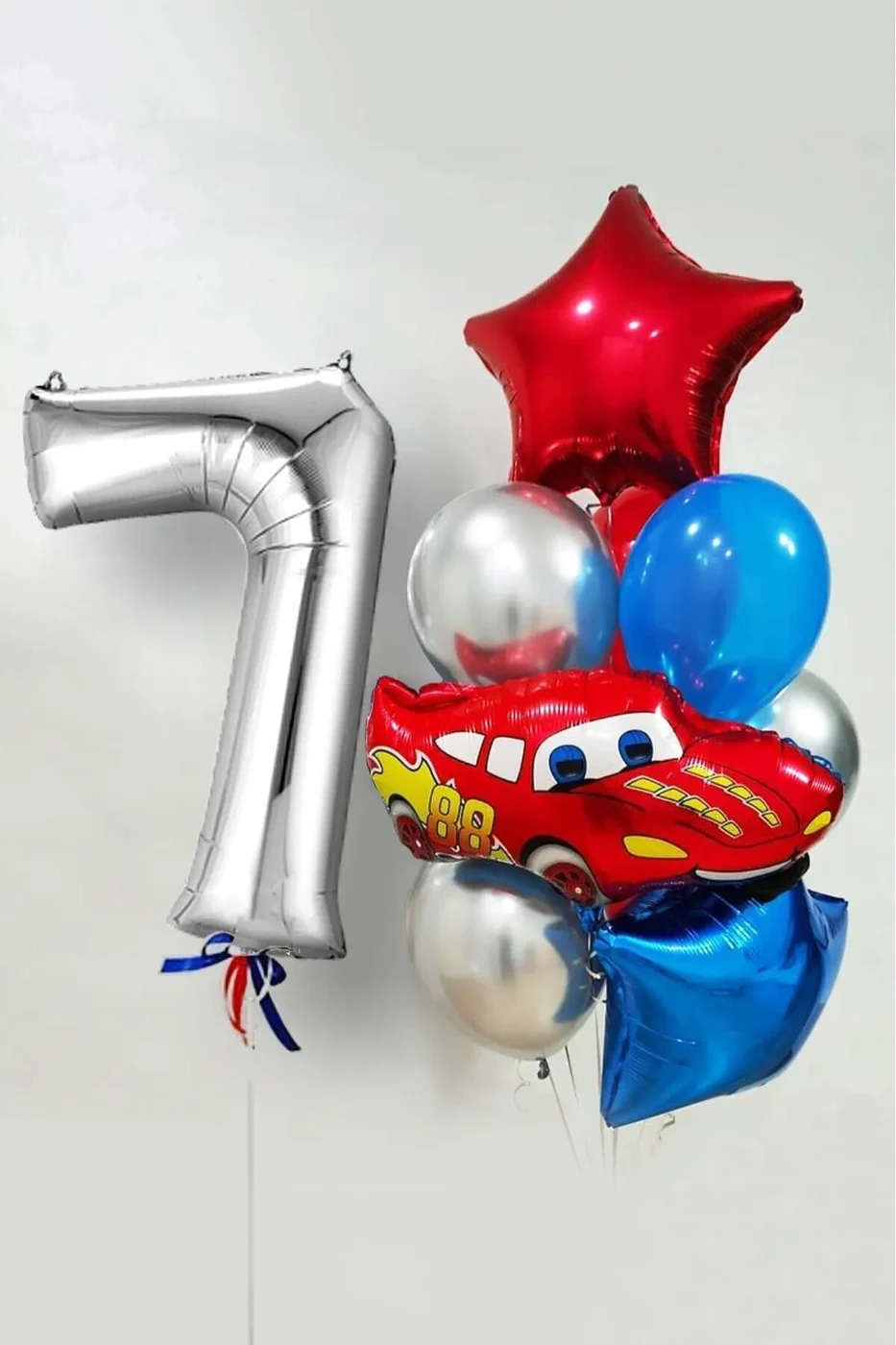 7 Yaş Şimşek Araba Temalı Balon Seti 76cm Gümüş Rakam Balonlu Yıldızlı Set