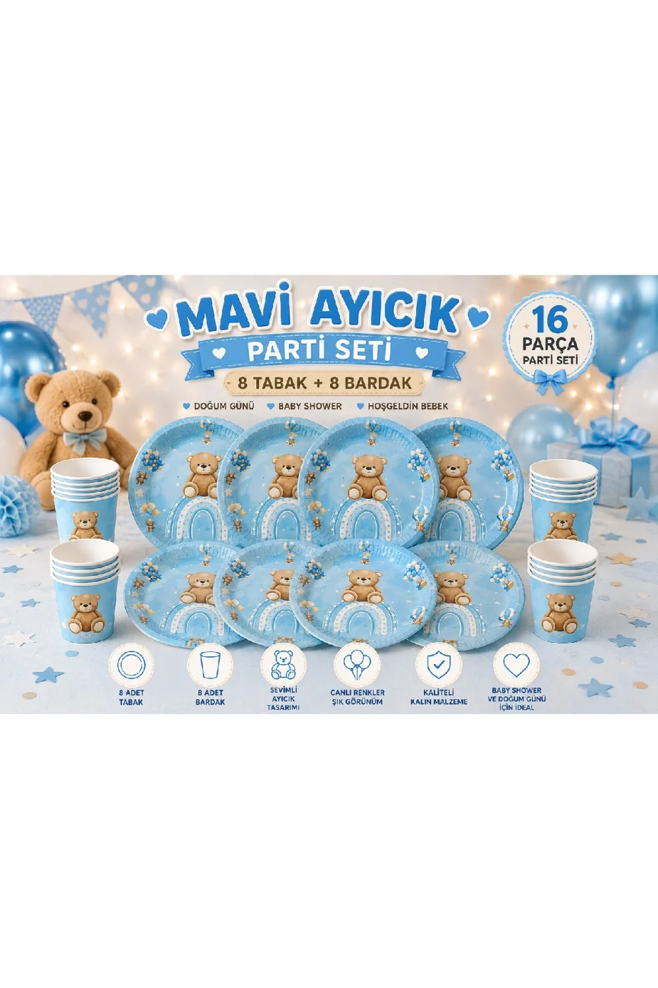 Mavi Ayıcık Doğum Günü Parti Seti 16 Parça | 8 Tabak 8 Bardak | Baby Shower Hoş Geldin Bebek Konsepti gorsel 2