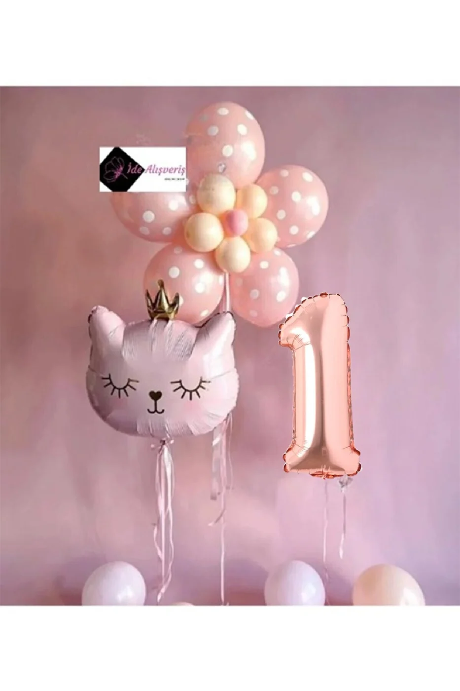 1 YAŞ ÇİÇEK KEDİ BALON DEMETİ DOĞUM GÜNÜ SÜSÜ DOĞUM GÜNÜ PARTİ SETİ gorsel 2