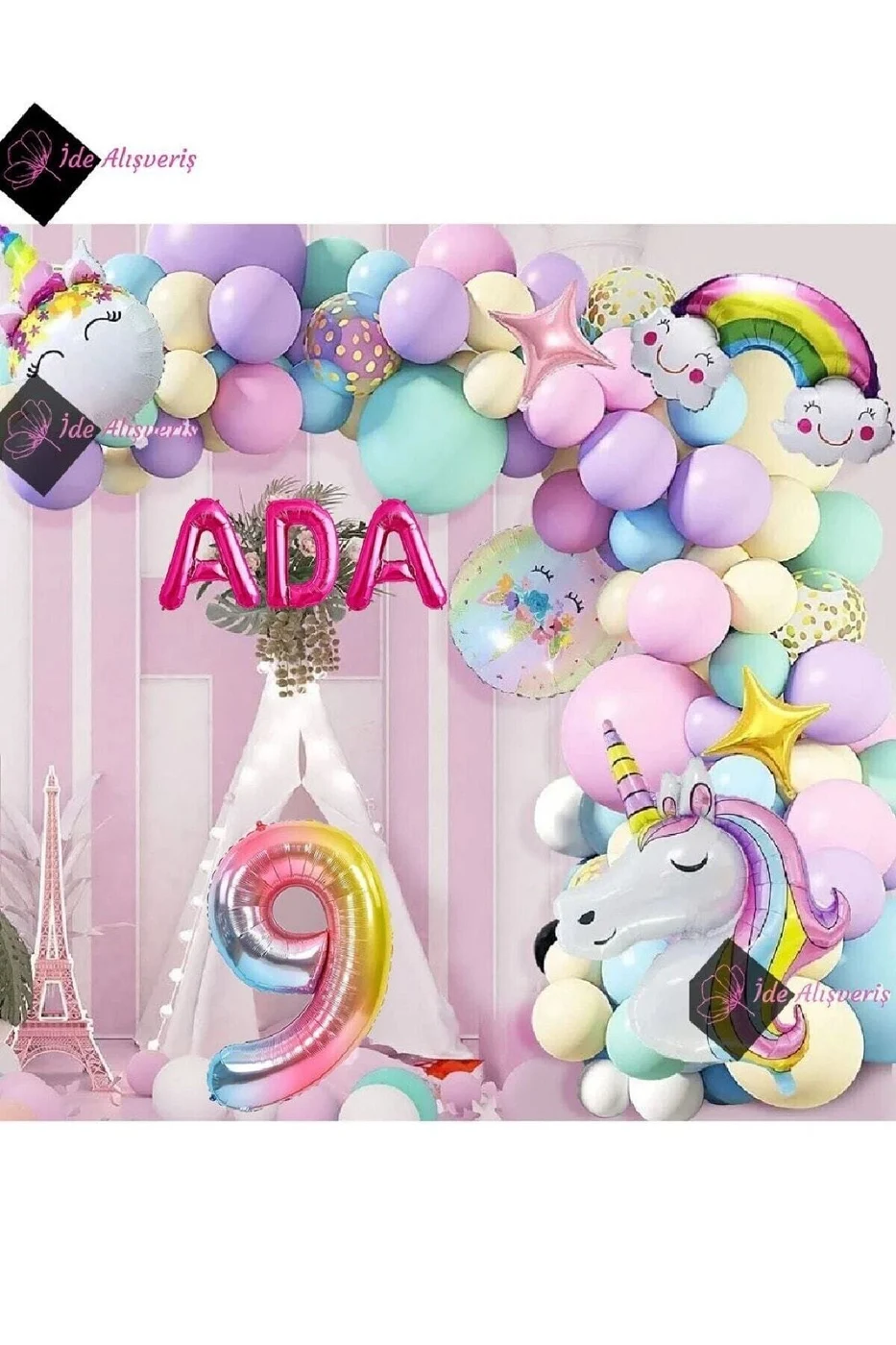 9 Yaş Ve 3 Harfli Gökkuşağı Konsepti Unicorn Temalı Makaron Balon Doğum Günü Parti Kutlama Seti