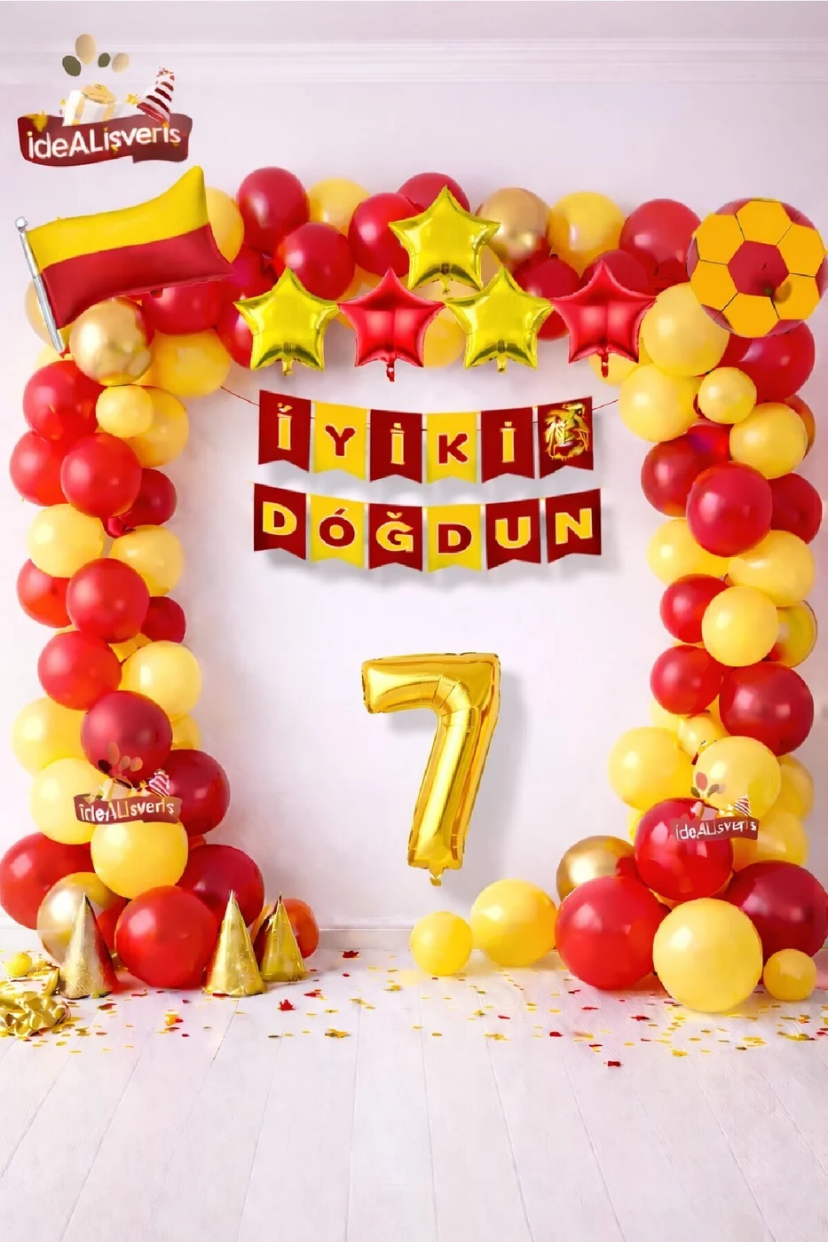 Sarı Kırmızı Bayrak Yıldız Yaş Balonlu İyiki Doğdun Doğum Günü Balon Süsleme Seti Parti Dekorasyonu
