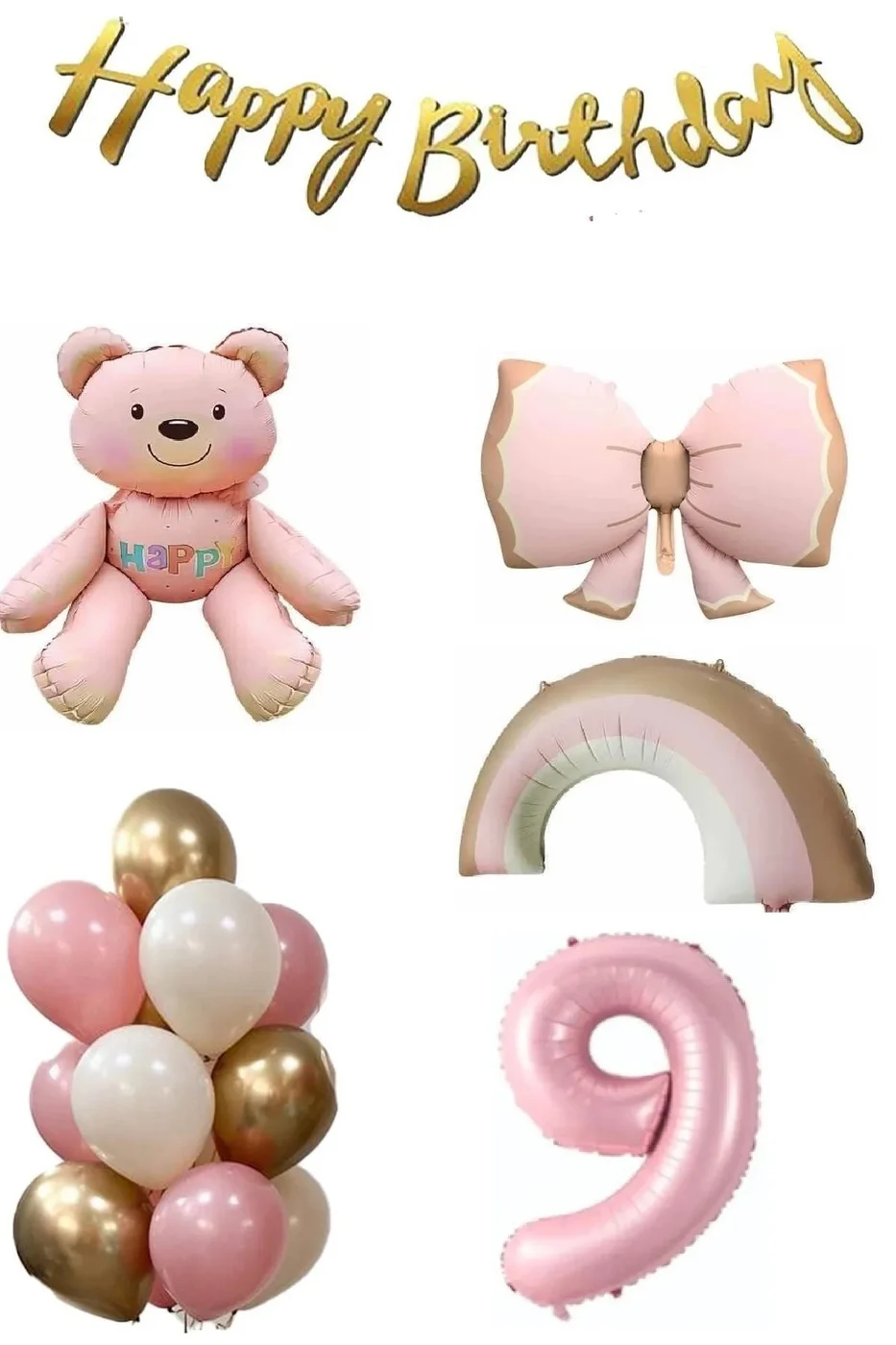 Pembe Ayıcık Yaş Balonlu Gökkuşağı Temalı Kız Bebek Konsept Doğum Günü Parti Seti Süsü gorsel 3