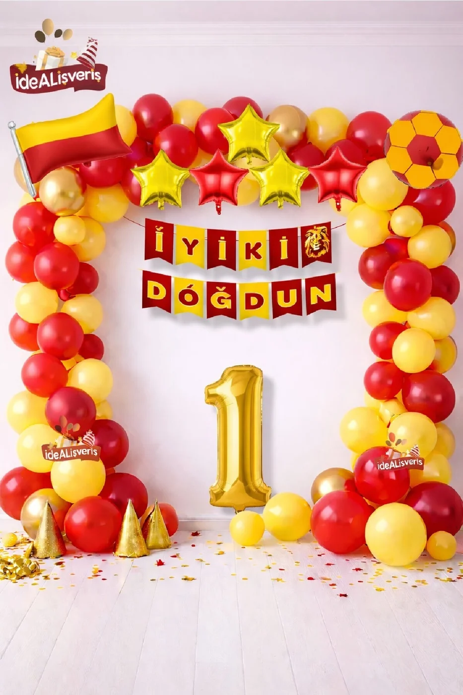 Sarı Kırmızı Bayrak Yıldız Yaş Balonlu İyiki Doğdun Doğum Günü Balon Süsleme Seti Parti Dekorasyonu