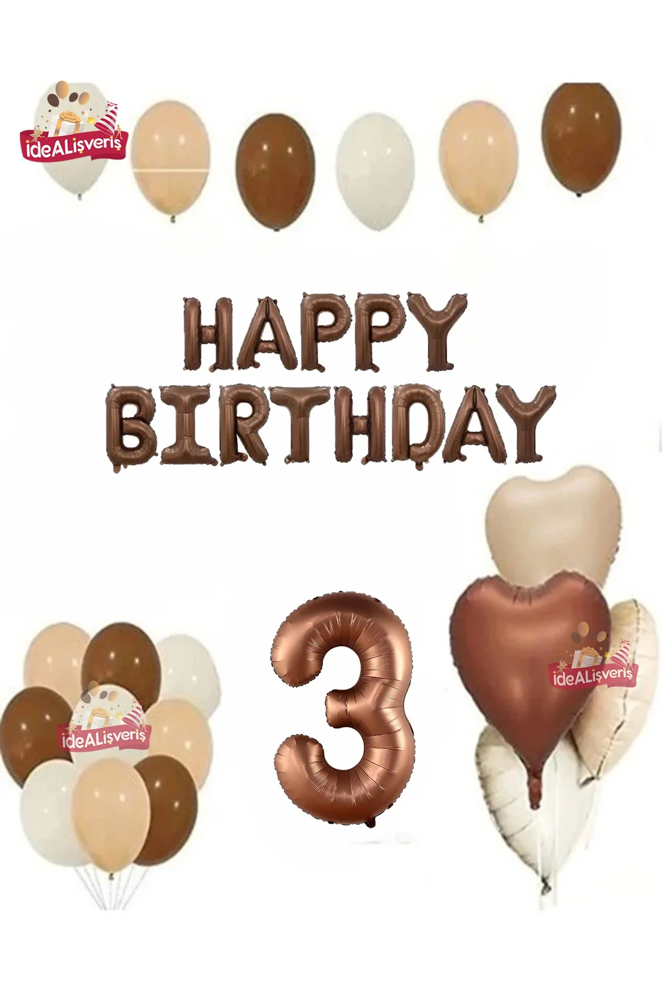 3 Yaş Happy Birthday Kahverengi Folyo Balon Bej Kahverengi Beyaz Doğum Günü Parti Seti
