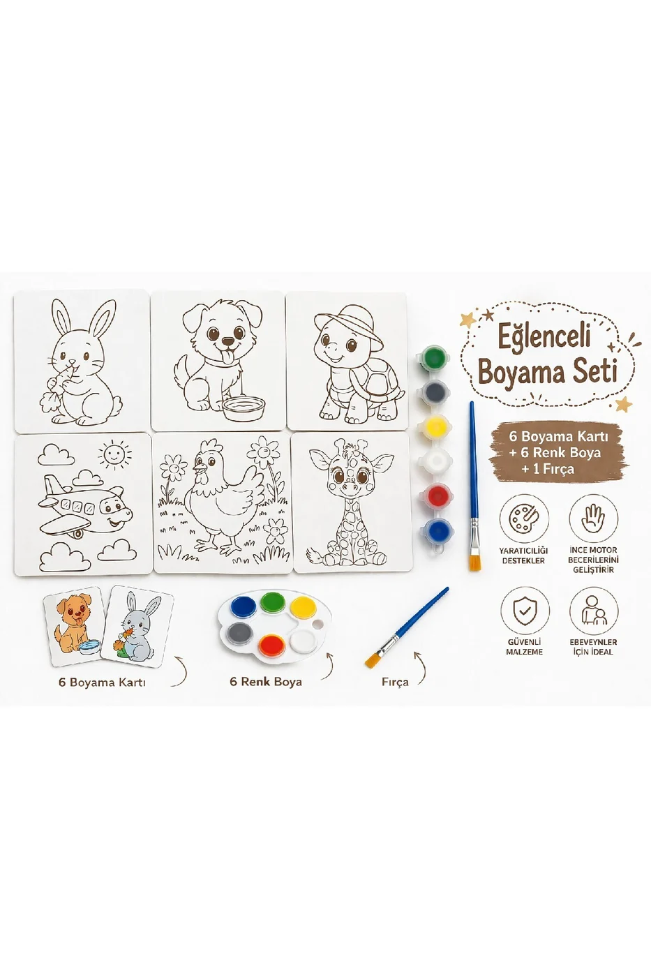Boyama Kitabı Seti Değil! 6 Parça Kartlı Boyama Seti (Fırça + Boya Dahil) | Çocuk Aktivite Seti gorsel 3