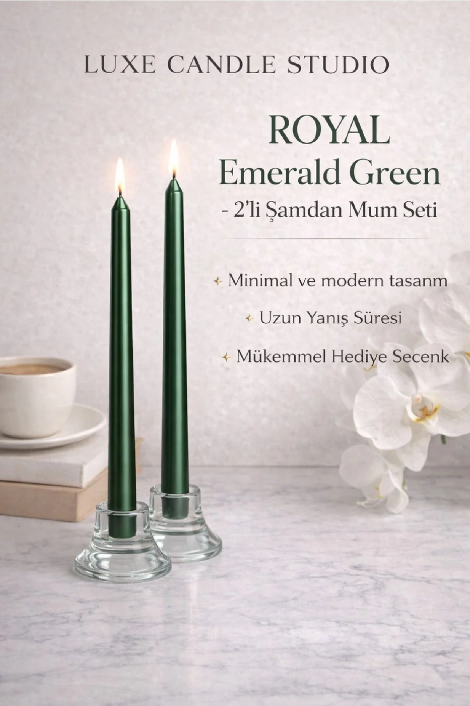 LUXE Şamdan Mum Seti 2’li Gold / Ivory / Silver Dekoratif Uzun Şamdan Mum