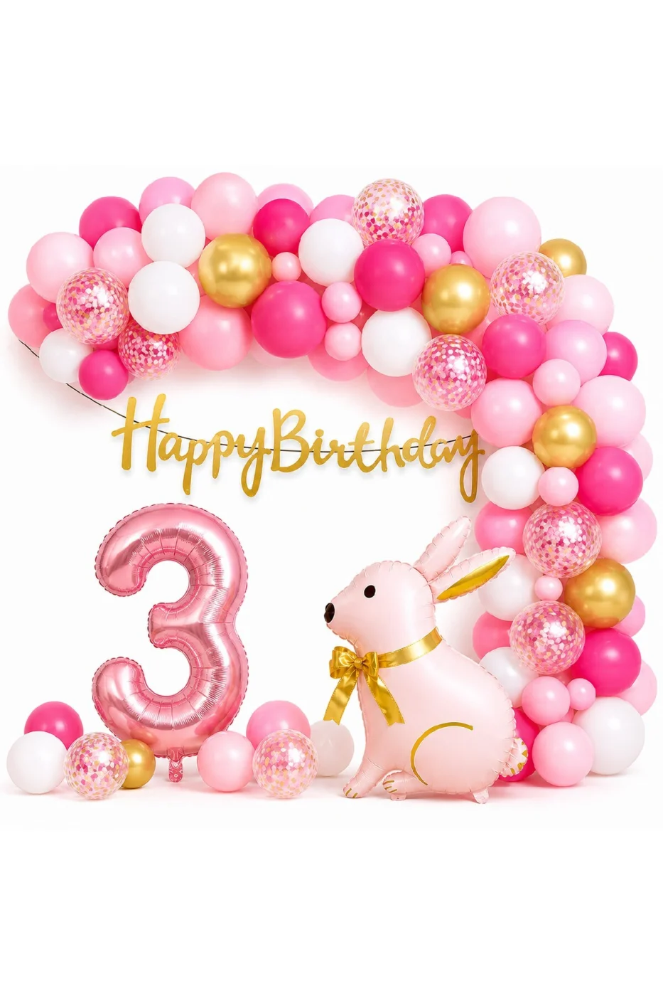 Pembe Tavşan Doğum Günü Seti 1-9 Yaş – Gold Balon Zinciri Happy Birthday Banner Parti Konsepti