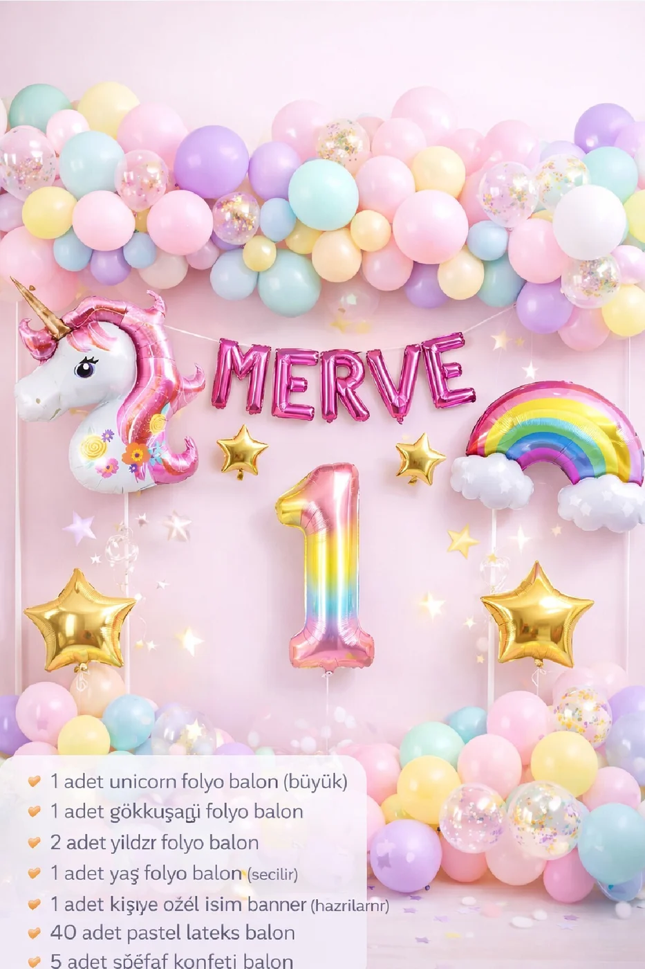 5 Harfli Kişiye Özel Unicorn Doğum Günü Süsü Pastel Balon Zinciri Gökkuşağı Unicorn Balon Parti Seti gorsel 2