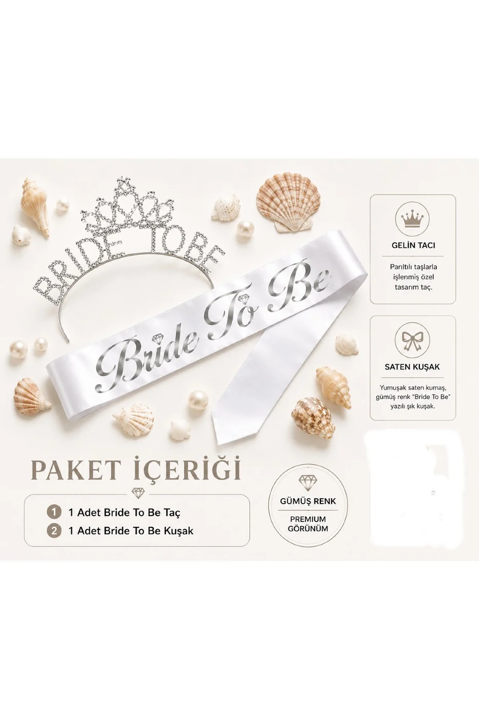 Bride To Be Taç ve Kuşak Seti Gümüş Renk Bekarlığa Veda Partisi Gelin Tacı Kuşağı gorsel 6