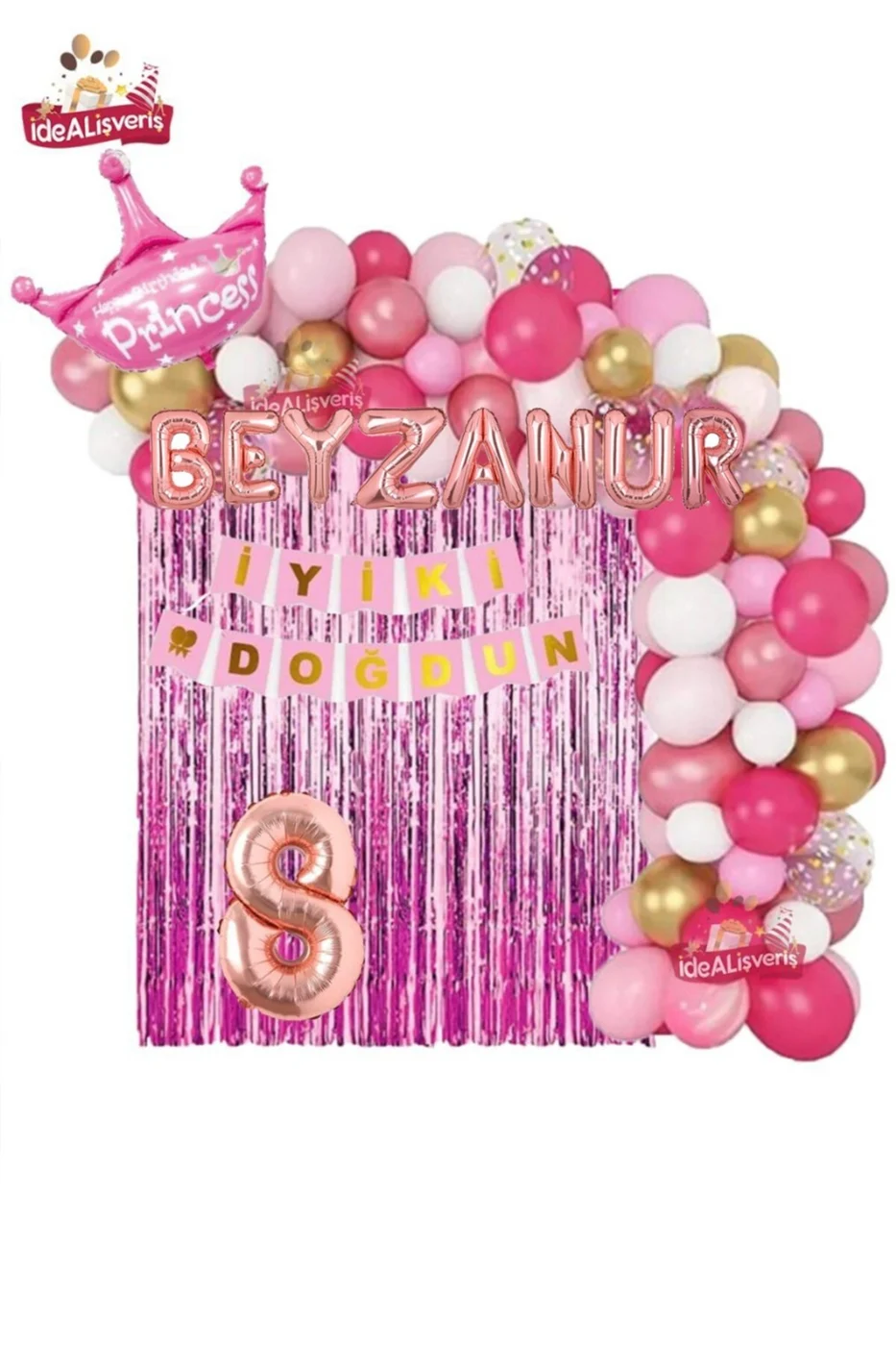 7 Harfli Rose İsimli Pembe Beyaz Konseptli Kraliçe Taçlı Doğum Günü Balon Zincir Parti Seti Süsü gorsel 8