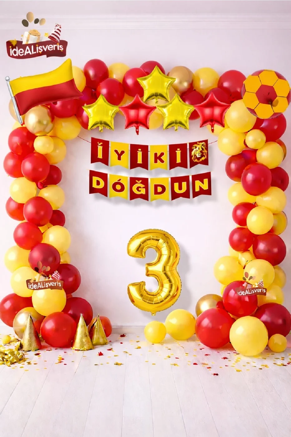 Sarı Kırmızı Bayrak Yıldız Yaş Balonlu İyiki Doğdun Doğum Günü Balon Süsleme Seti Parti Dekorasyonu