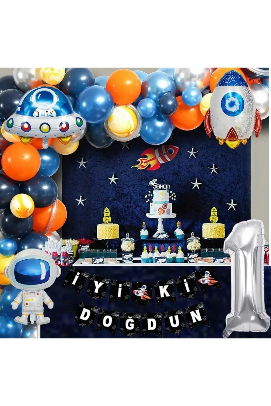 Uzay Temalı Doğum Günü Seti 1 Yaş; 4 Adet Folyo, 50 Lateks Balon, Banner, Balon Zinciri, Balon Bandı
