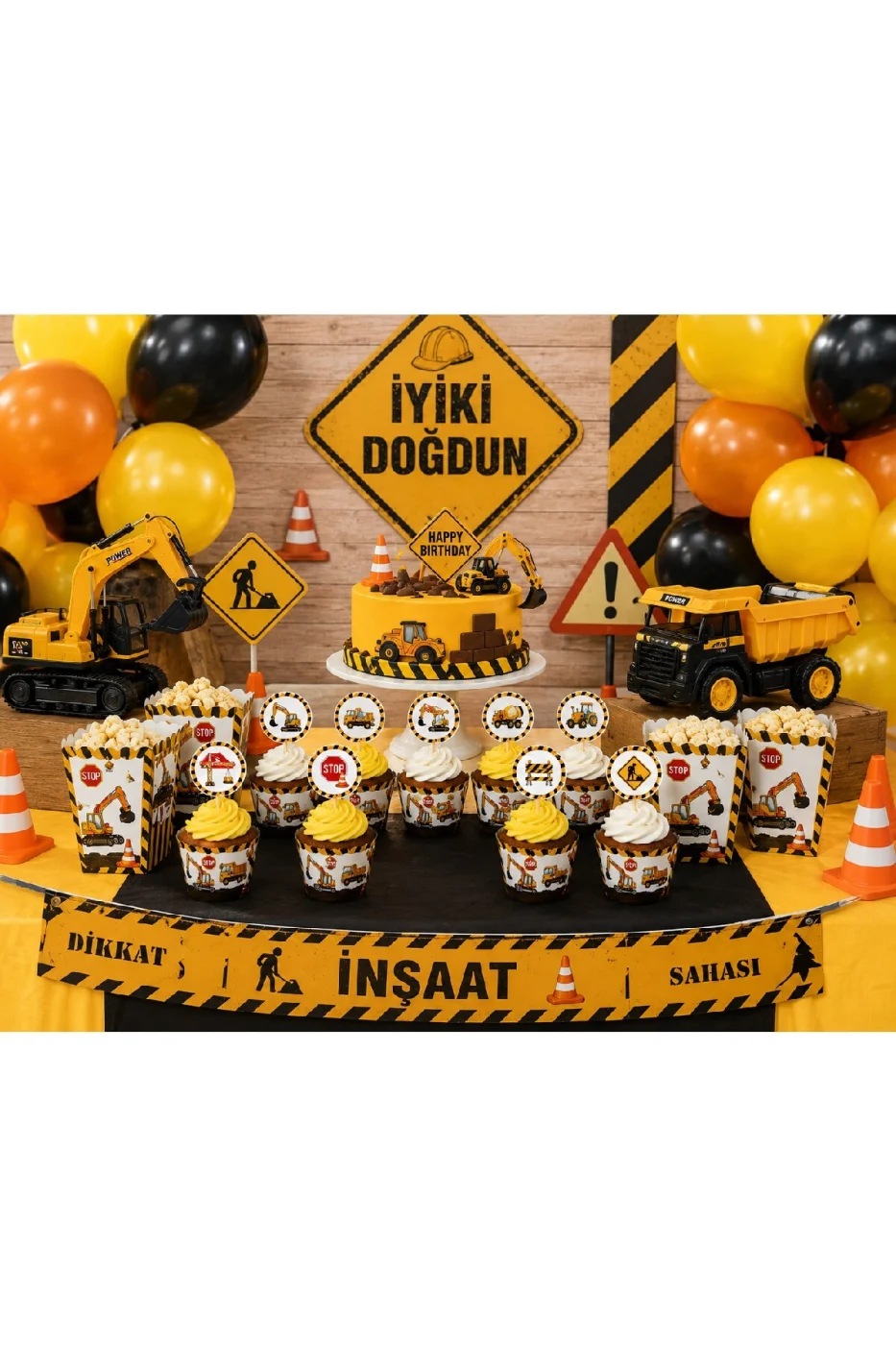 İnşaat Temalı Cupcake Sargısı ve Kürdan Seti 8'li İş Makinesi Doğum Günü Parti Süsü gorsel 3