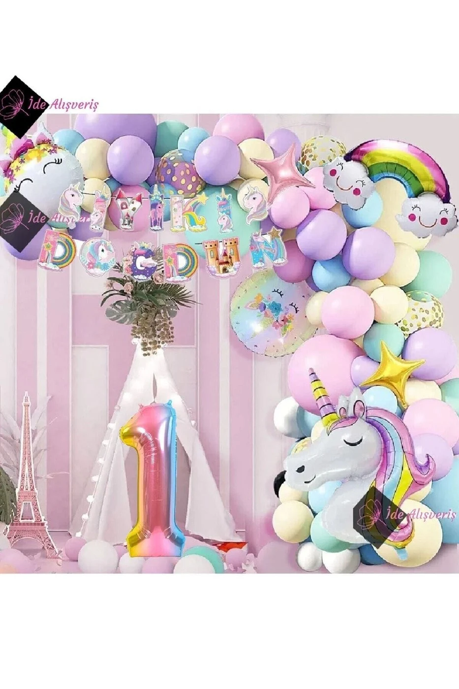 1 Yaş Karakterli Unicorn Temalı Iyi Ki Doğdun Makaron Balon Doğum Günü Parti Kutlama Seti gorsel 2