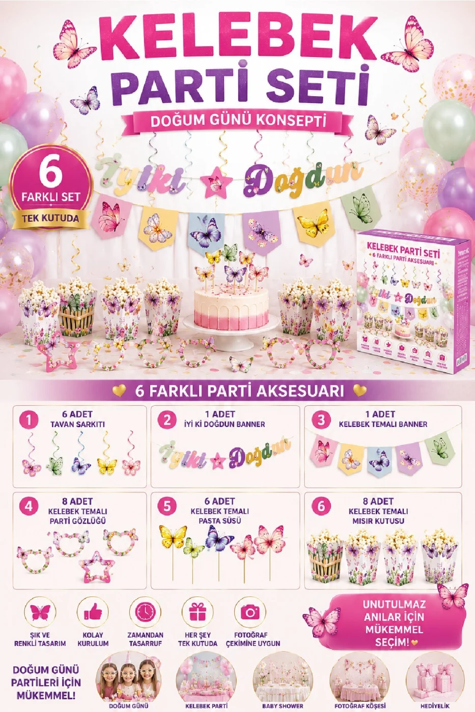 Kelebek Parti Seti 6 Parça | Doğum Günü Süsleri | İyi Ki Doğdun Banner | 3D Gözlük | Pasta Süsü | Mısır Kutusu