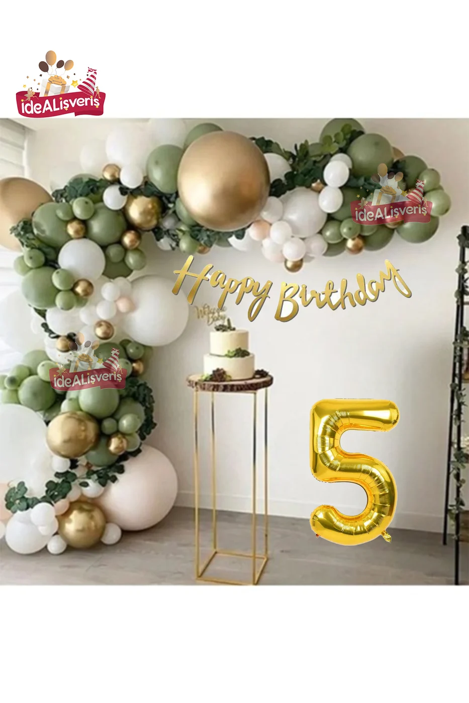 5 Yaş Happy Kaligrafi Yazılı Küf Yeşili Gold Beyaz Balon Zinciri Seti Doğum Günü Parti Seti Süsü gorsel 3